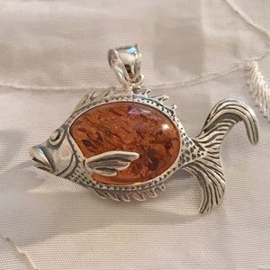 Vintage Sterling Silver Amber Fish Pendant